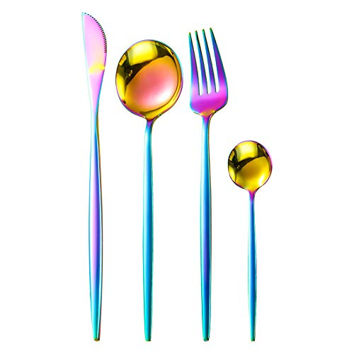 Silverware Set, 4/16/24/32/40/48 Pieces Stainless Steel Cutlery Set Portuguese Knife, Fork And Spoon Cutlery Four-piece Gift Set, Home Cutlery Flatware Set (Color : Rainbow, Size : 1Set-4P