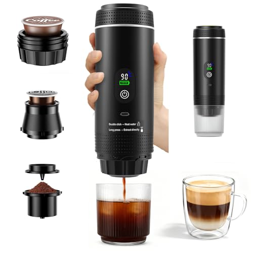 Cafetera Espresso Portátil, 3 en 1 Máquina de Café Eléctrica Compatible con Cápsulas Nespresso & Café Molido, Autocalentamiento, USB Recargable, Presión de 25 Bar, para Viajes Camping Coche Oficina