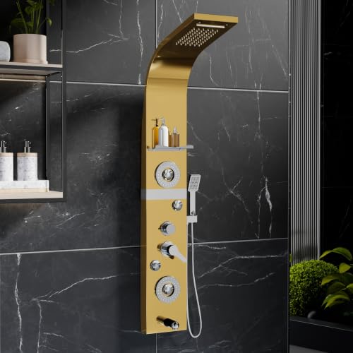 Image of Backline shower panel | 7 In 1 Shower System 304 Grade Stainless Steel | Shower With Storage Shelf, LED Rainfall Shower,Hot & Cold Adjustable,Massage Spray,Hand Shower & Water Spout