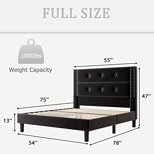 Ipormis Full Size Platform Bed Frame, Velvet Upholstered Bed Frame With Button Tufted & Nailhead Headboard, Wooden Slats Support, No Box Spring Needed, Noise-Free, Black #TOP1