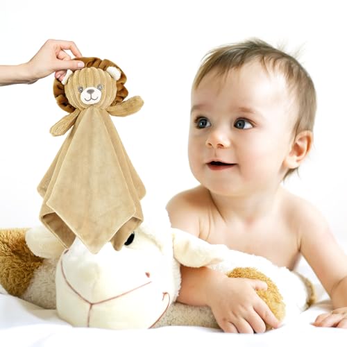 Image of CREVENT Cozy Plush Baby Security Blanket, Loveys for Baby Girls and Boys, Birthday (Lion + Tag)