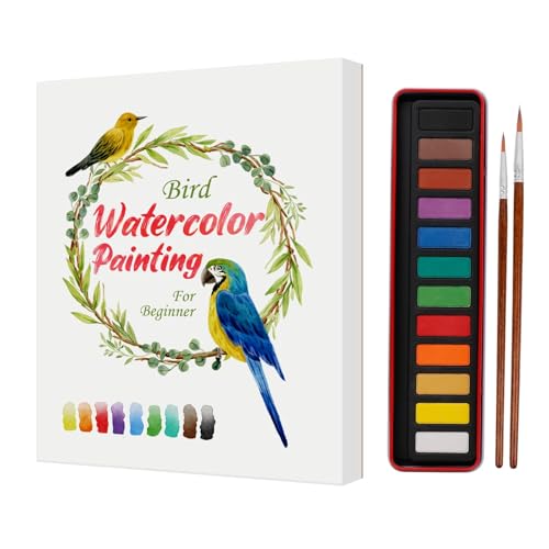 SkilLify Watercolor Workbook, Water Coloring Book, Beginner Friendly Water Painting Book, Watercolor Sketchbook Paint Book with 12-Color Paint Set & Brush for Adults and Teens(Birds)