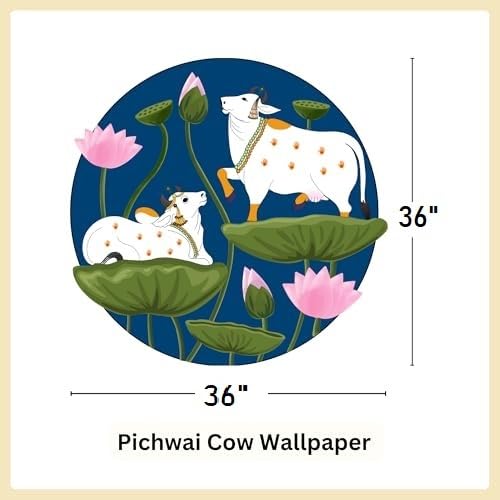 Image of Pichwai Cow Wallpaper for Mandir 3x3 Feet - Self-Adhesive Vinyl Peel & Stick, Removable Marble Wall Sticker for Pooja Room & Temple Walls (Pichwai Cow Lotus) (3X3)