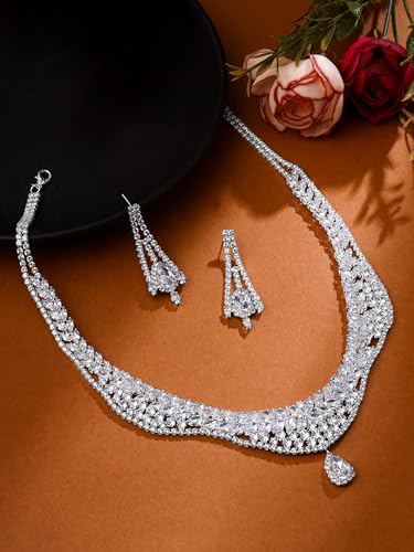 Image of Yellow Chimes Jewellery Set for Women | White Stone Necklace Set for Women | Cubic Zircon Silver Diamond Jewellery Set |Rhodium Plated Necklace Set | Birthday Anniversary Gift for Women Wife