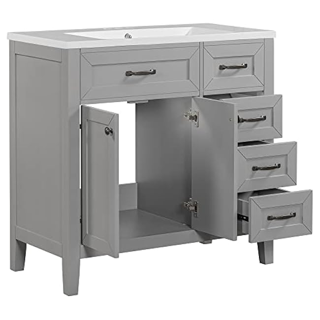 Maximize Bathroom Storage with 36 Vanity and Sink Combo, Grey Solid Wood Cabinet with Drawers and Smooth Ceramic Sink