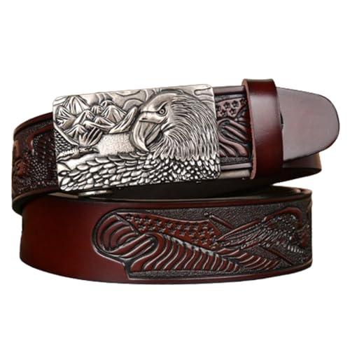 Ceinture cuir marron gaufré luxe et boucle automatique aigle argenté 35 mm