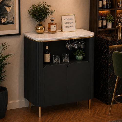 Image of The Attic Carlston Bar Cabinet, Hard and Soft Drinks Bar Storage Cabinet, Wine Wisky Scotch, Round Bar for Home, Black & Gold Finish