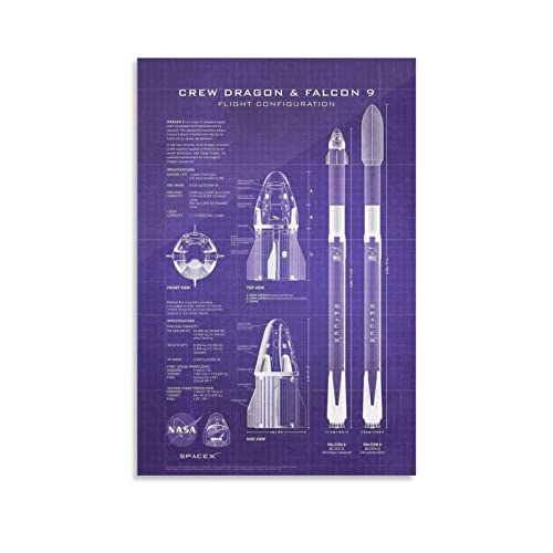 Bad Spacex Crew Dragon Spacecraft Falcon 9 Rocket Blueprint Poster Decorative Painting Canvas Wall Art Room Posters Office Decorations 08X12Inch(20X30Cm) #TOP3