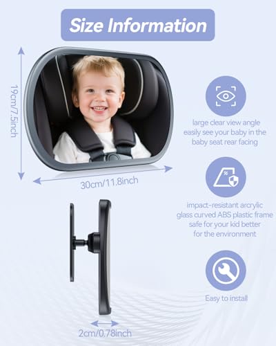Image of Baby Car Mirror for Backseat - Rear Facing Car Seat Mirror Safety for Infant Newborn - Easily Observe the Baby Move,Clear Wide View,360Rotation, Secure, Shatterproof - Grey