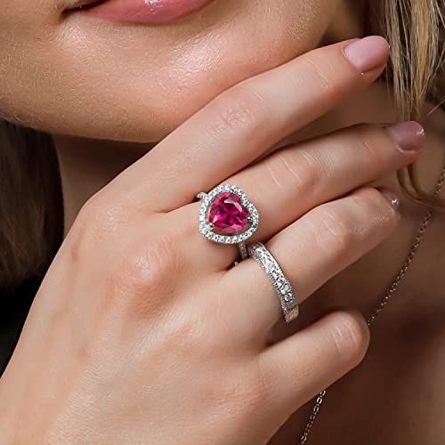 Gem Stone King 925 Sterling Silver 10MM Heart Shape Gemstone Birthstone and White Moissanite Halo Engagement Ring | Wedding Anniversary Promise Ring For Women | Available In Size 5, 6, 7, 8, 94