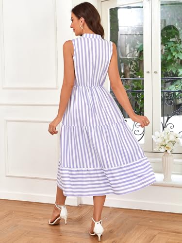 Image of BROVAVE Womens 2026 Summer Sleeveless Shirt Dress Collar Striped V Neck Casual Midi Dresses