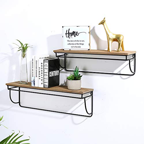 Glitzhome Floating Shelves Wall Mounted Set of 2 Farmouse Wood Wall Storage Shelves Organizer Decor for Bedroom, Bathroom, Living Room, Kitchen, Office, Laundry Room