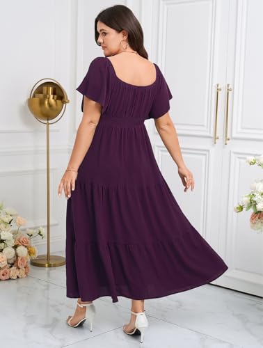 Image of SCOMCHIC Womens Plus Size Maxi Dress Formal Short Sleeve Square Neck Smocked Side Split Flowy A Line Tiered Long Dress