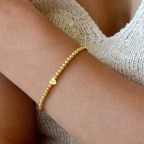 Heart Initial Bracelets for Women Girls - 14K Gold Plated Letter Initial Bracelet Beaded Heart Bracelets for Women Trendy Kids Teen Girl Gifts Trendy Stuff Gold Jewelry2