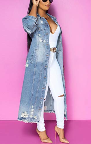 Chouyatou Women'S Spring Fashion Ripped Holes Maxi Long Denim Jacket Trench Coat thumb #2