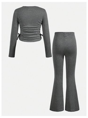 Image of Floerns Girl's Two Piece Outfit Bowknot Knit Tee Shirt with Flare Leg Pants Set