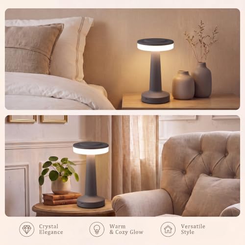 Image of Riakrum 2 Pcs LED Cordless Table Lamp Bulk Rechargeable,Gray | Portable Wireless Lamps, 3 Color Stepless Dimming, 15 Hour Battery, Touch Control, Wedding Home Restaurant Decor