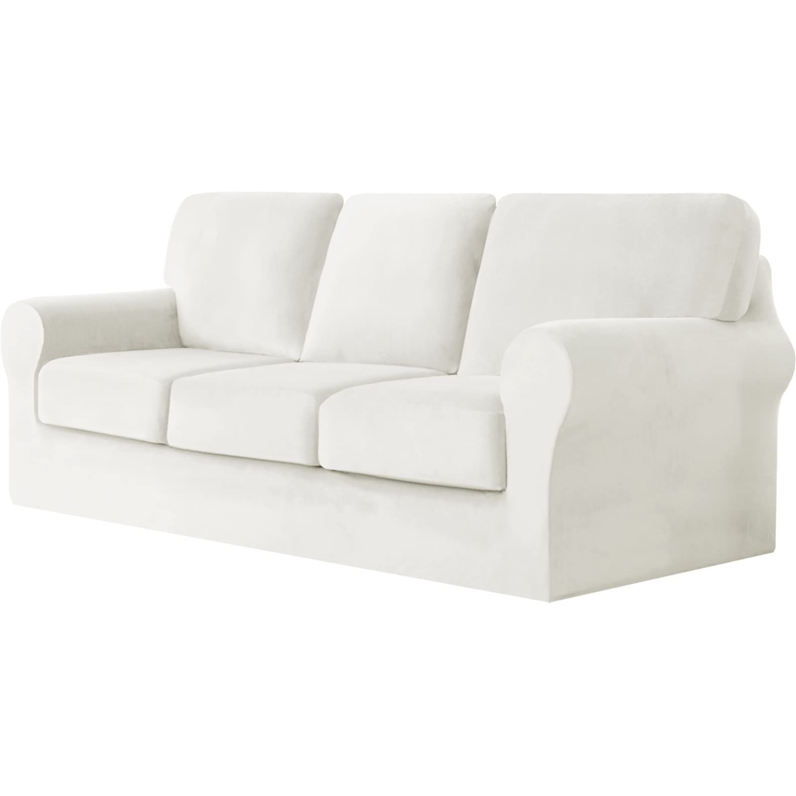 MINGPINHUIUS Soft Velvet Stretch Sofa Cover 3 Seater 7 Piece Set (White)