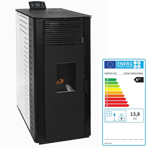 EIDER BIOMASA Stufa a pellet GYDA Canalizzata - 14,3 kW - Riscaldamento fino a 320 m³ - Tramoggia 15 kg - Consumo 0,90-2,60 kg/h - Doppia uscita - Compatta 112x63x53 cm - Classe A+ (Bianco)
