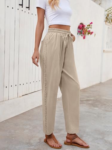 Puimentiua Women Linen Pants Lightweight Pants with Lace Side Summer Casual Beach Drawstring Elastic Waist Trousers4
