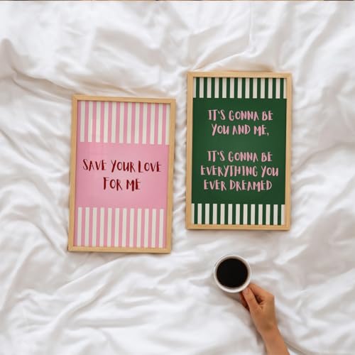 Image of Suneree Aesthetic Quote Wall Art Set of 2 Framed Paintings | Pink Green Striped Typography Poster | Couple Bedroom Living Room Home Decor (Art 5, 13x19 Inches)