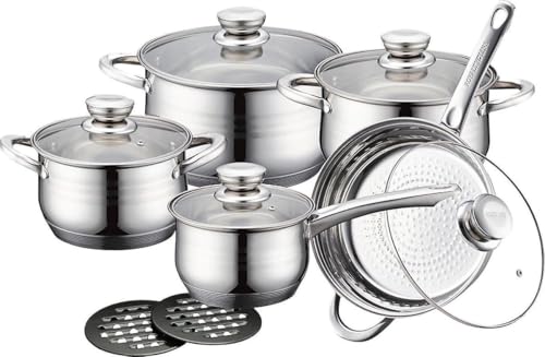 ROYALTY LINE, Juego de 12 piezas, batería de cocina de acero inoxidable, incluye sartén y cacerolas con tapa de vidrio, compatible con todas las fuentes de calor, 24 cm, Plata