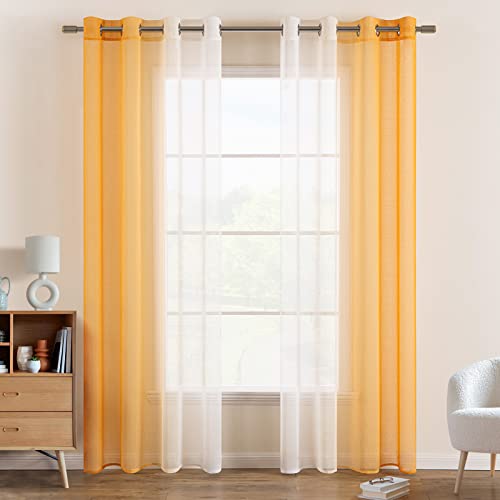 EMEMA Voile Vorhang Zweifarbiger Vorhang mit Ösen Transparente Gardine Ösenschal Fensterschal Lichtdurchlässig für Schlafzimmer 2er Set 140x225cm Orange