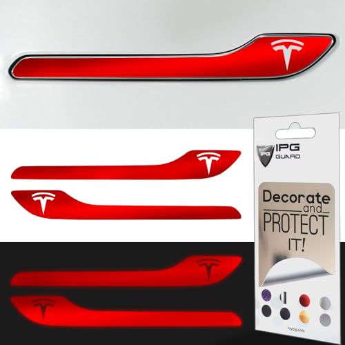 Image of IPG Compatible for Model 3 / Model Y /Juniper Door Handle Decal Sticker Wrap Kit (Set of 4) with Tesla Logo Personalize Your Tesla (Reflective Series - Red)