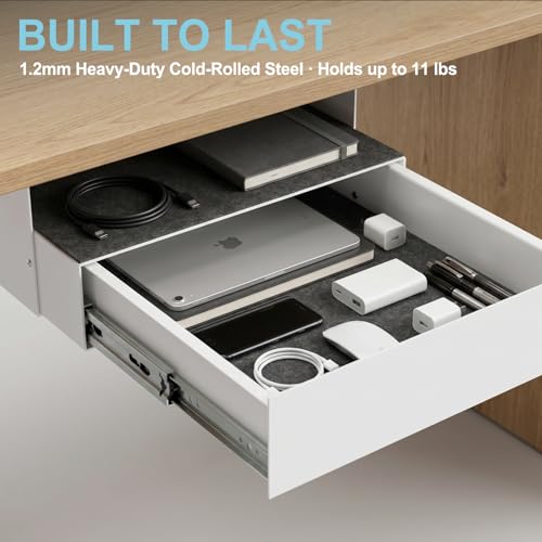 Image of Under Desk Slide Out, Lockable Steel Storage Drawer with Lock and Keys, Full-Extension Slides, Undermount Drawer for Home Office & Standing Desk, 13.8 Inch, White