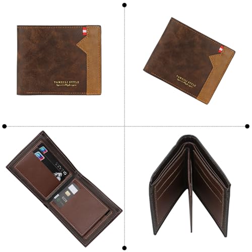 LJCZKA Bifold Leather Wallet Mens Slim Minimalist Wallets Thin Stylish Multi-card Holder with ID Window, Zipper Cash Pocket (Dark Coffee)4
