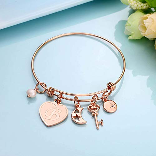 M Mooham Charm Bracelets For Women Girls, Rose Gold Letter B Initial Charm Bangle Bracelet Mothers Day Valentines Present Gifts For Women Jewelry, Bridesmaid Proposal Gifts For Wedding #TOP1