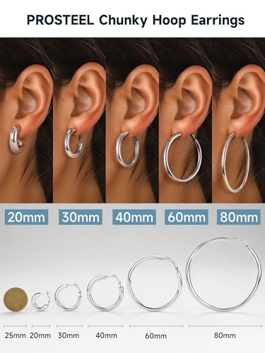 Image of Stainless Steel Chunky Hoop Earrings For Women, Minimalist and Chic, Black /Gold Plated, Round Hoops Earrings Hypoallergenic, Size: 30mm /40mm /60mm /80mm, Come with Box