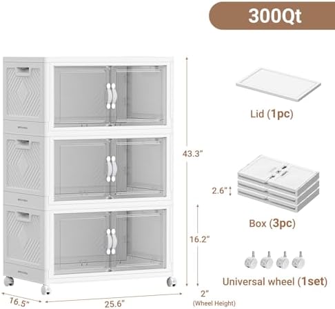 Image of the BROVIEW 300QT Extra Large Stackable Storage Bins, 75Gal Clear Plastic Closet Organizer Cabinet with Lid and Wheels, Collapsible Latch Boxes Folding Drawer with Door for Home Kitchen, V20 3Pack White 