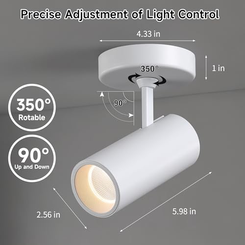 Image of 12W LED Dimmable Ceiling Spotlight Indoor - Adjustable Surface Accent Lamp for Corridor, Living Room, Warm White 3000K, CRI 97 Anti-Glare Picture Artwork Spot Light, White Finish, 2 Packs