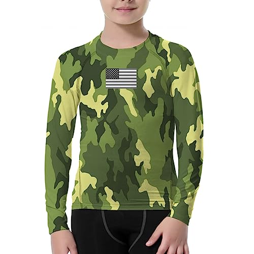 Unisex Kids Rash Guard Long Sleeve UPF 50+ American Flag BJJ Jiu Jitsu Sun Shirts 4-12 Years