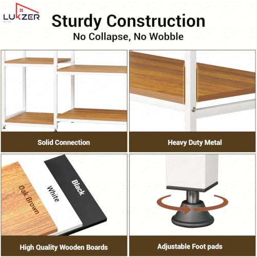 Image of Lukzer Heavy Duty Garment Rack with 8 Shelves & Hanging Rod | Free-Standing Modern Clothes Stand Metal & Engineered Wood Shoe Rack with Adjustable Foot Pads for Living Room - MMR-004 /White & Oak Brown