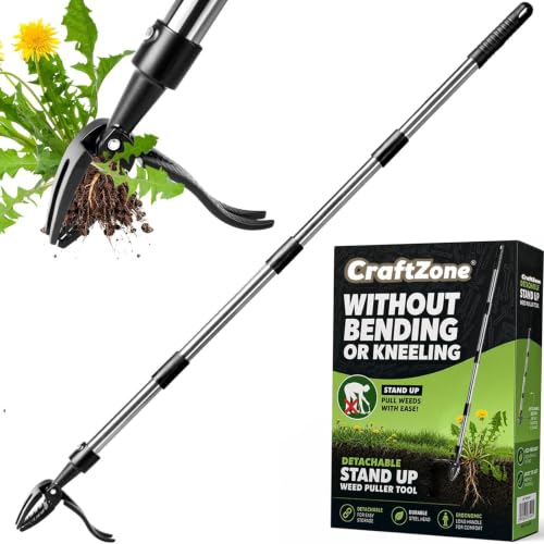 Weed Puller Long Handle Foot Platform Design 4-Claw Steel Head & Removable 3-section pole Garden Tools-Easily Remove Weeds Without Bending or Kneeling Stand Up Weed Puller Tool with Wooden (4 section)