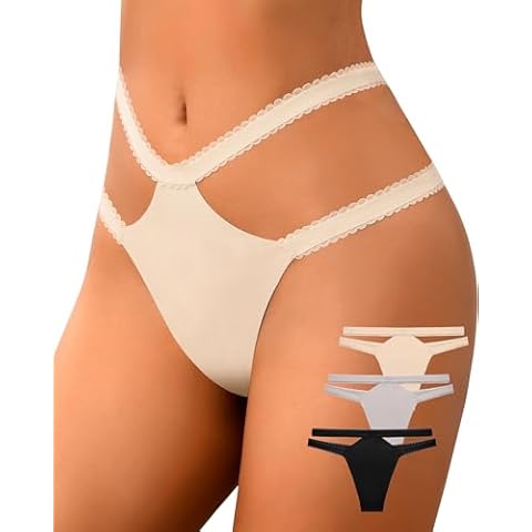 Eiggam G String Thongs For Women Smooth No Show Underwear Women Sexy Embellishment High Waisted Underwear Stretchy Lace Panties for Women Pack(XL) Cover