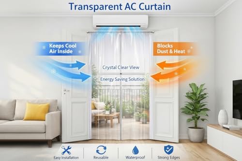 Image of The Furnishing Tree Transparent AC Curtain 9.5 Ft Length | 0.15 mm Thickness with 16 Hooks, Set of 2 | Size 4.5 x 9.5 Ft (137 x 290 cm) | Door Curtain for Home, Balcony & AC Room