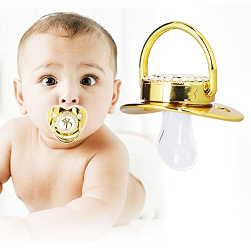 Image of Baby Pacifier,Rhinestone Night Pacifier with Chain Clip,Portable Exquisite Golden Crown Letter Cute Pacifier for Infant (D)