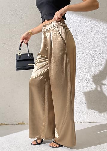 Women's Wide Leg Palazzo Pants Satin Silky Dressy Casual Shiny Sparkle Sequin Party Night Out Work Trouser4