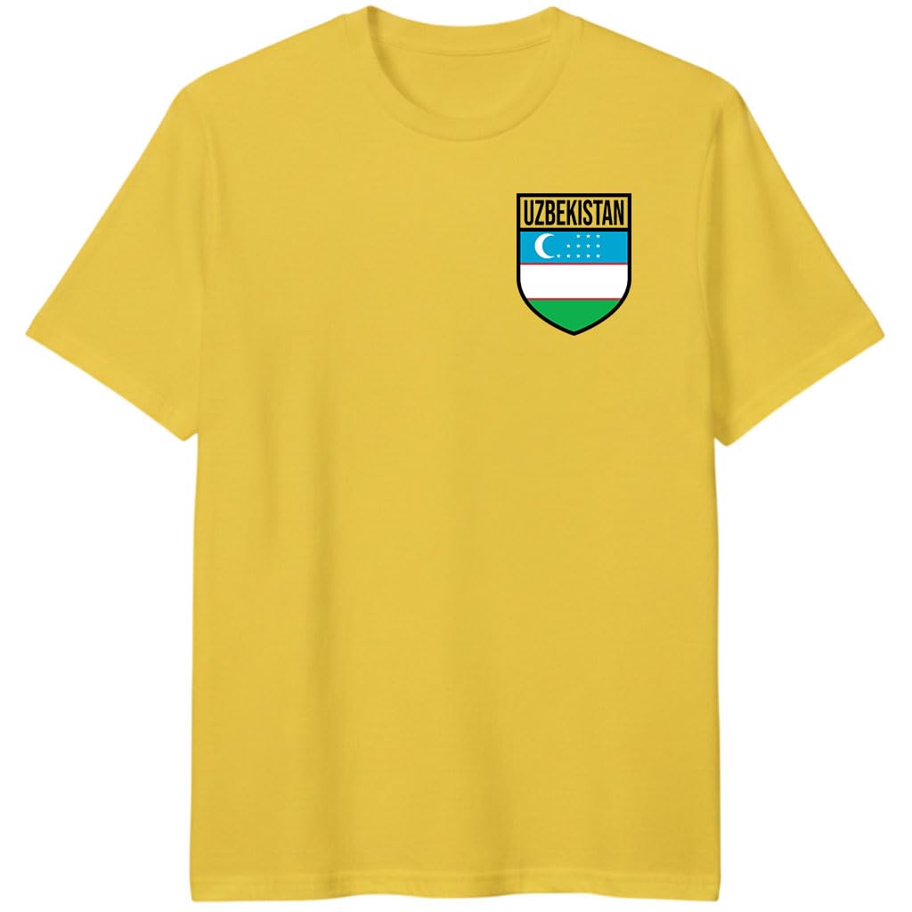 Uzbekistan Football T Shirt, Personalised Uzbekistan Flag Badge Football T-Shirt, Custom Name and Number Tee Yellow