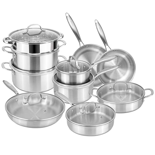 Stainless Steel Pots and Pans Set – 17pcs Cookware with Glass Lids – Induction Hob Pot Set – Cooking Saucepan Pots & Frying Pan Set – by Nuovva
