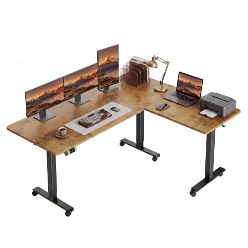 Image of Claiks L Shaped Standing Desk Dual Motor 63 x 55 Inch Rustic Brown