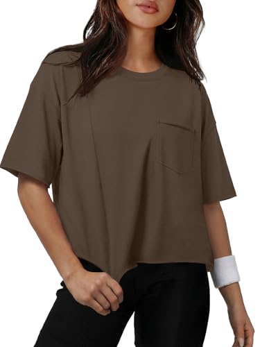 Image of ATHMILE Womens Crop Tops Workout Shirts Gym Oversized Spring Summer Basic Tees Short Sleeve Casual Loose Drop Shoulder 2026