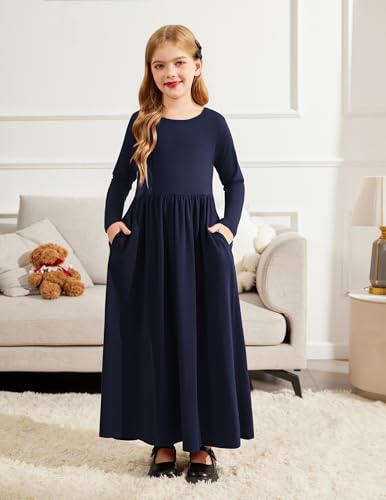 Image of Arshiner Girls Maxi Dress Long /Short Sleeve Casual Holiday Dress with Pockets for 5-13 Years