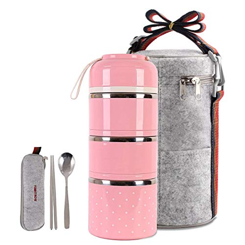 Cute Lunch Box Insulated Lunch Bag Bento Box Food Container Storage Boxes With Cutlery For Adults Office Camping, 3 tier pink …