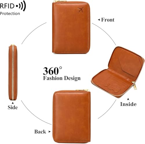 Genuine Leather Wallet Unisex Zipper Passport Holder RFID Blocking Waterproof - Vintage Travel Wallet (Black)4