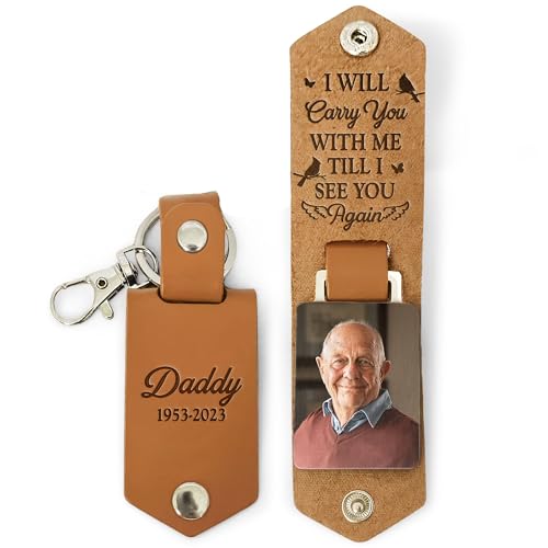 Macorner Personalized Leather Photo Keychain - Memorial Gifts - Sympathy Gift for Loss Dad, Loss Mom, Dog Loss, Cat Loss - Bereavement Gift Loss of Pets, Mother, Father - I Will Carry You With Me