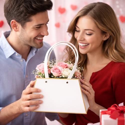 Image of Oasis Pack of 10 Flower Bouquet Gift Bags with Handles | Valentine's Day Gifting Bags for Her & Him | Goodie Bags for Wedding Return Gifts, Birthday, Bridal & Baby Shower | 13x13x10 cm | Gold & White